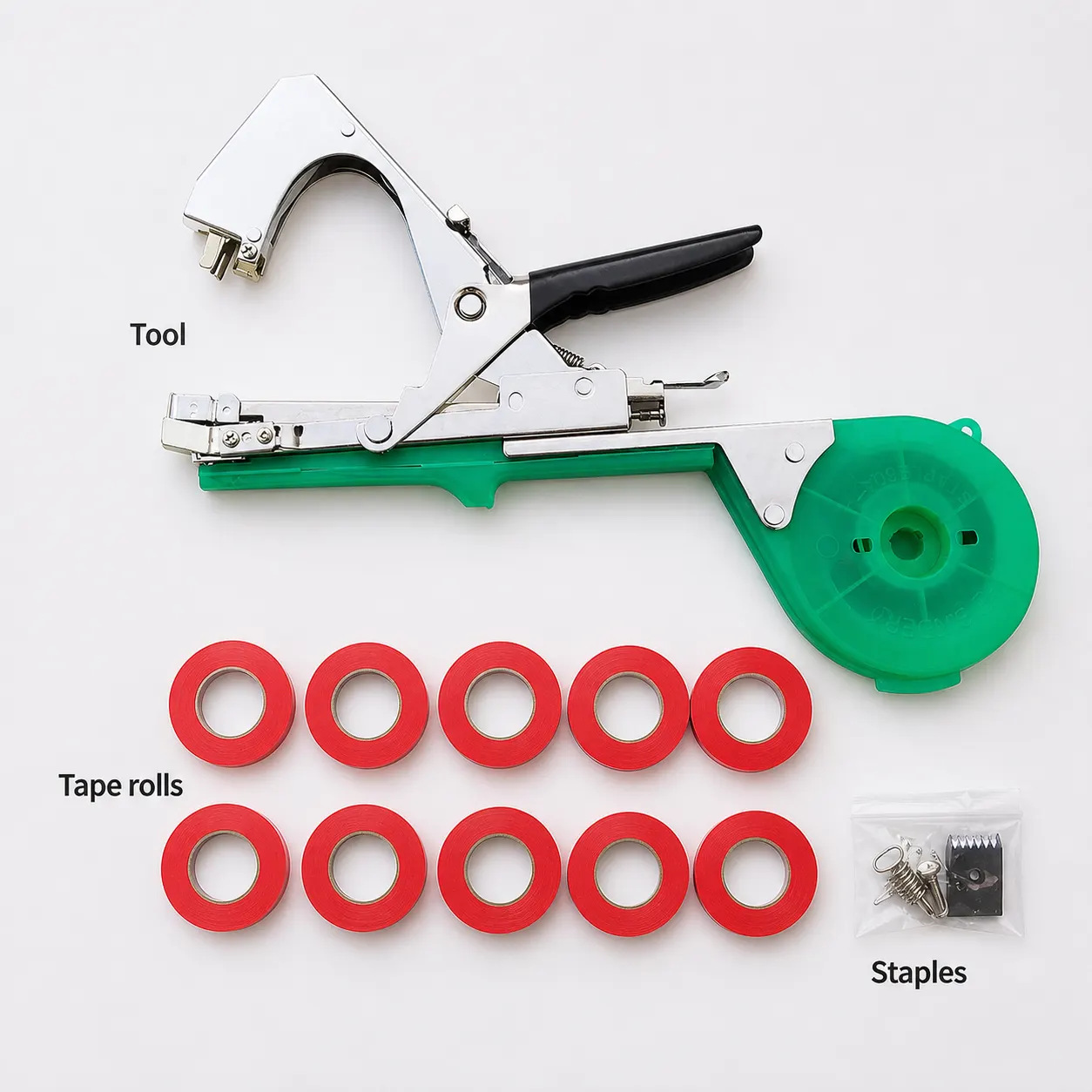 Plant Tapener Tying Tool and included accessories